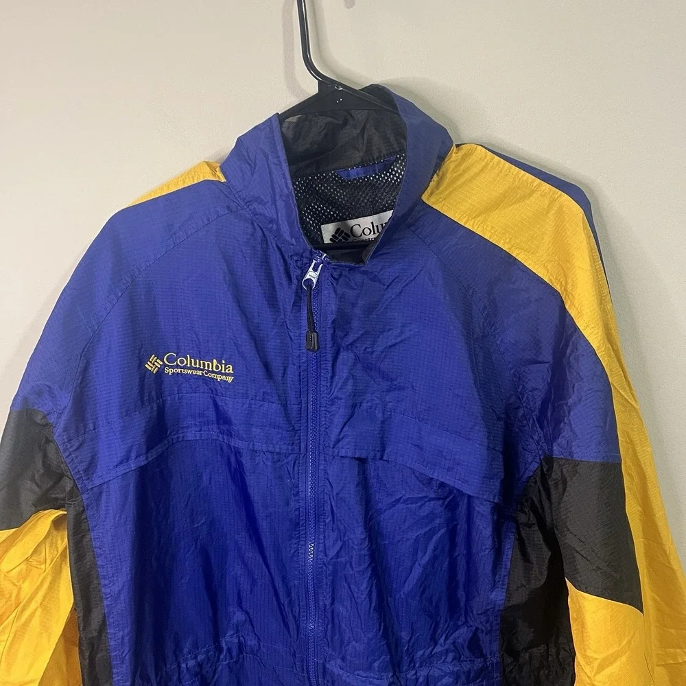 Vintage Columbia Jacket Mens X-Large Blue/Yellow Packable‎ Hooded Windbreaker